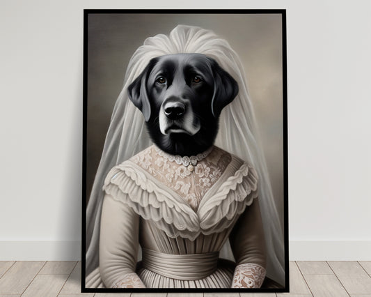 Poster Chien Mariage - Labrador Noire en Robe de Mariée, Affiche Murale Animaux, Décoration Murale Humoristique