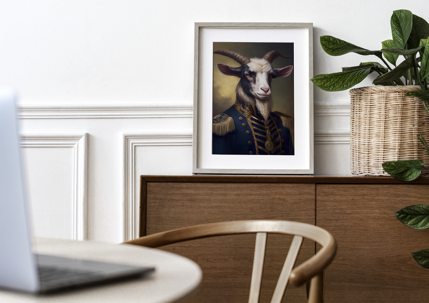 "Goat in Military Uniform Poster - Unique Animal Wall Art Decoration for Framing - Heroic Goat Portrait"