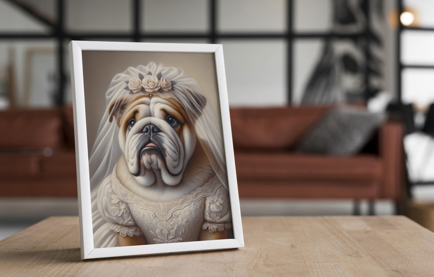 "English Bulldog Portrait in Wedding Dress - Funny Animal Wall Art Poster - Unique Dog-Themed Home Decor Gift"