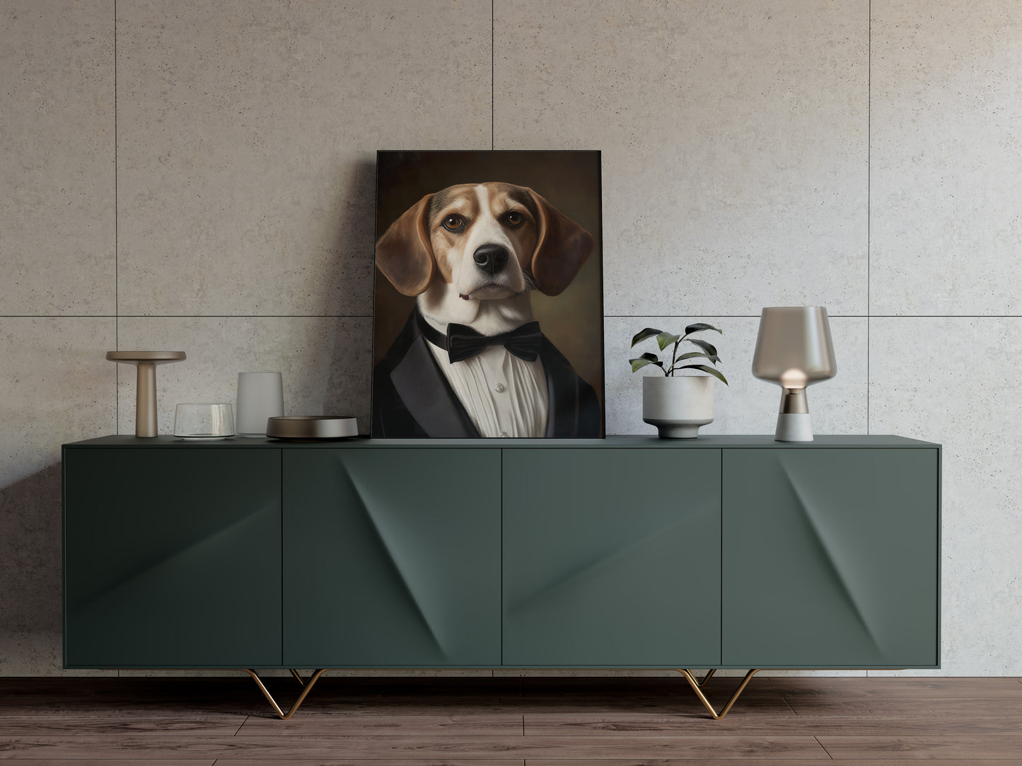 Poster portrait Beagle en smoking - Art mural chien élégant, Décoration mur drôle, Impression motif Tuxedo