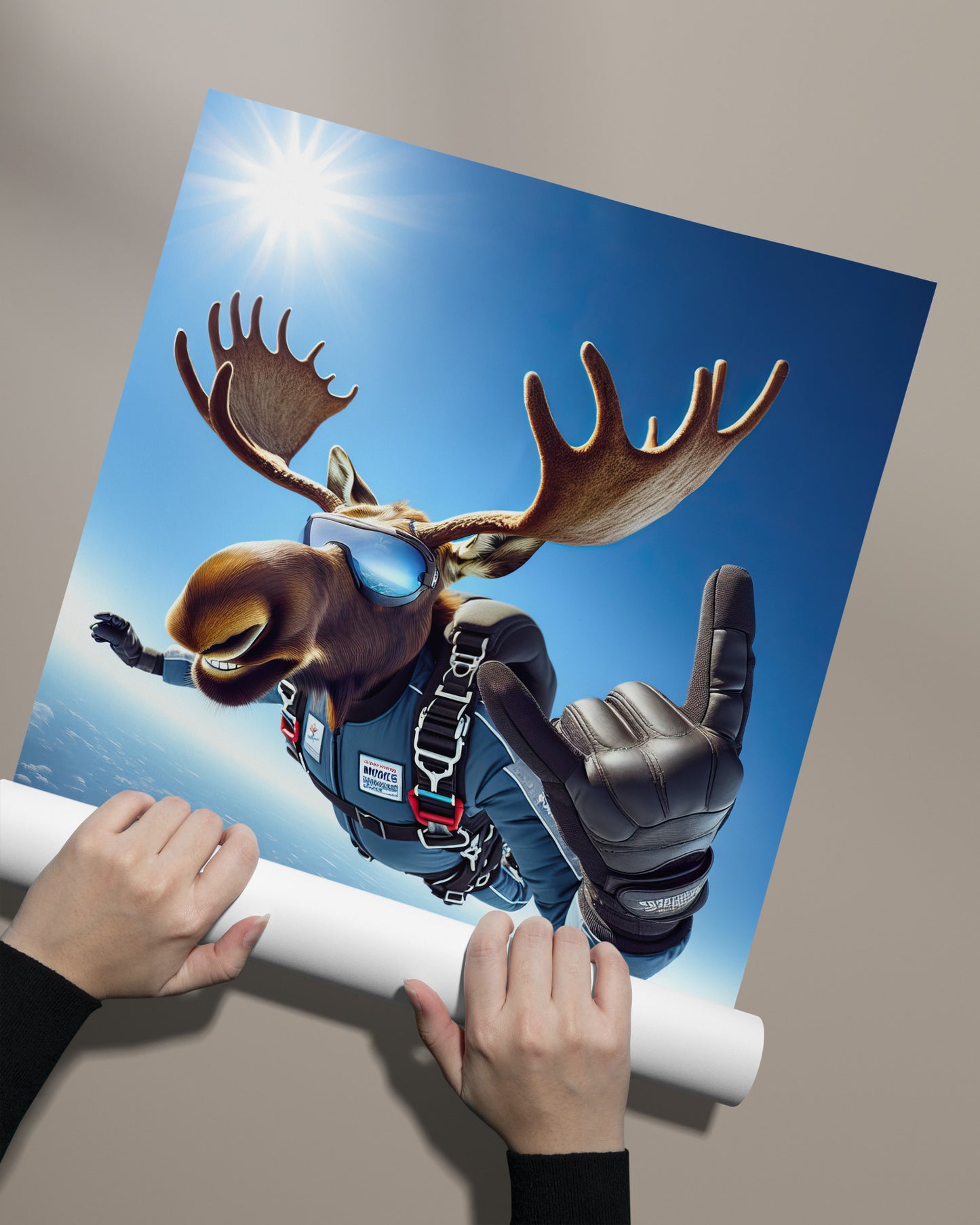 Epic Skydiving Moose Poster – Extreme Sport Animal Print Wall Art | Unique Animal Lover Gift Decor