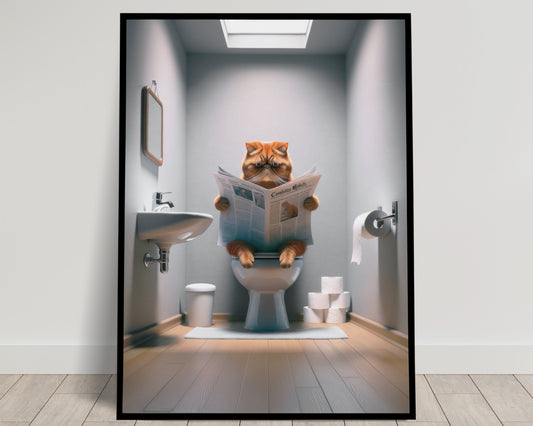 Affiche Murale Chat Exotic Shorthair Roux Tigré Lisant aux Toilettes, Déco Humour WC & Salle de Bain, Cadeau Amoureux des Chats