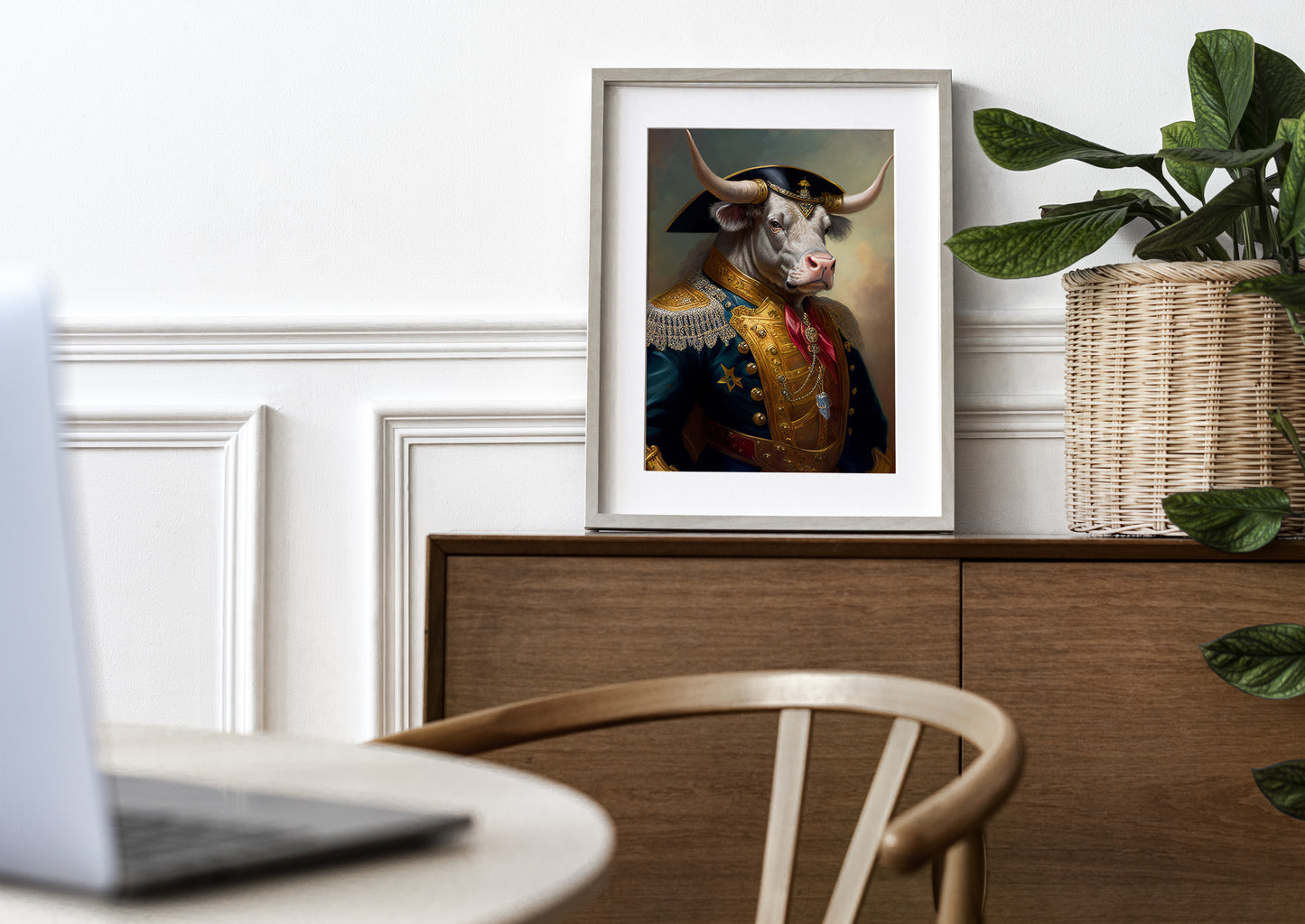 Bull Poster in Military Uniform | Animal Wall Art Decoration | Unique Bull Portrait Poster