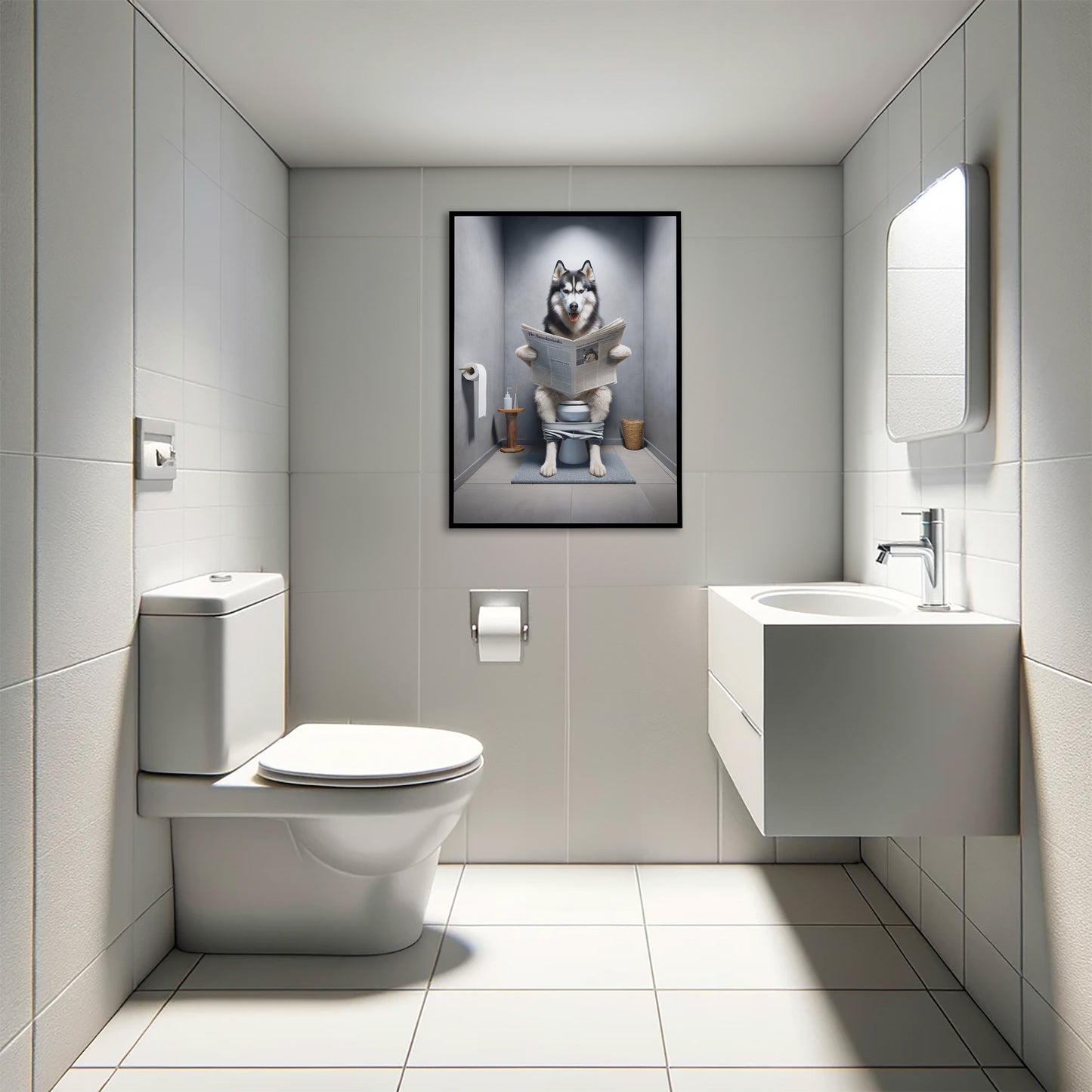 Poster Humoristique Husky lisant le Journal, Déco WC, Cadre Salle de Bain, Idée Cadeau Amusante