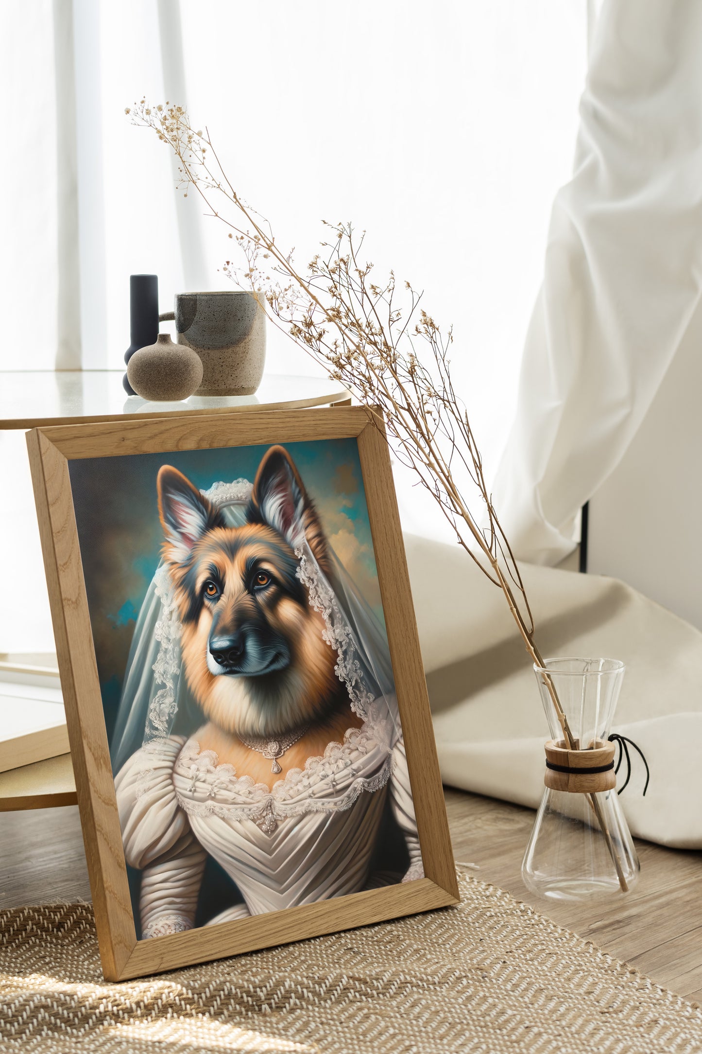 German Shepherd Wearing Wedding Dress Poster – Unique Animal Wall Art, Bride Decor, Perfect Gift for Dog Lovers