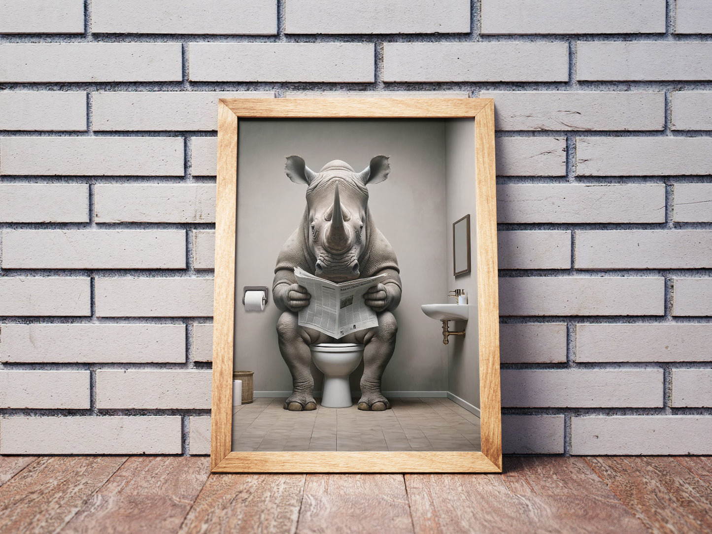 Rhino Reading Newspaper Toilet Poster - Humorous Bathroom Wall Art, Unique WC Decor, Funny Gift Idea