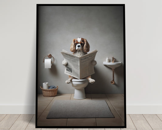 Poster Cavalier King Charles Spaniel lisant le journal, Déco Humour Salle de Bain, Cadre Illustré Toilettes