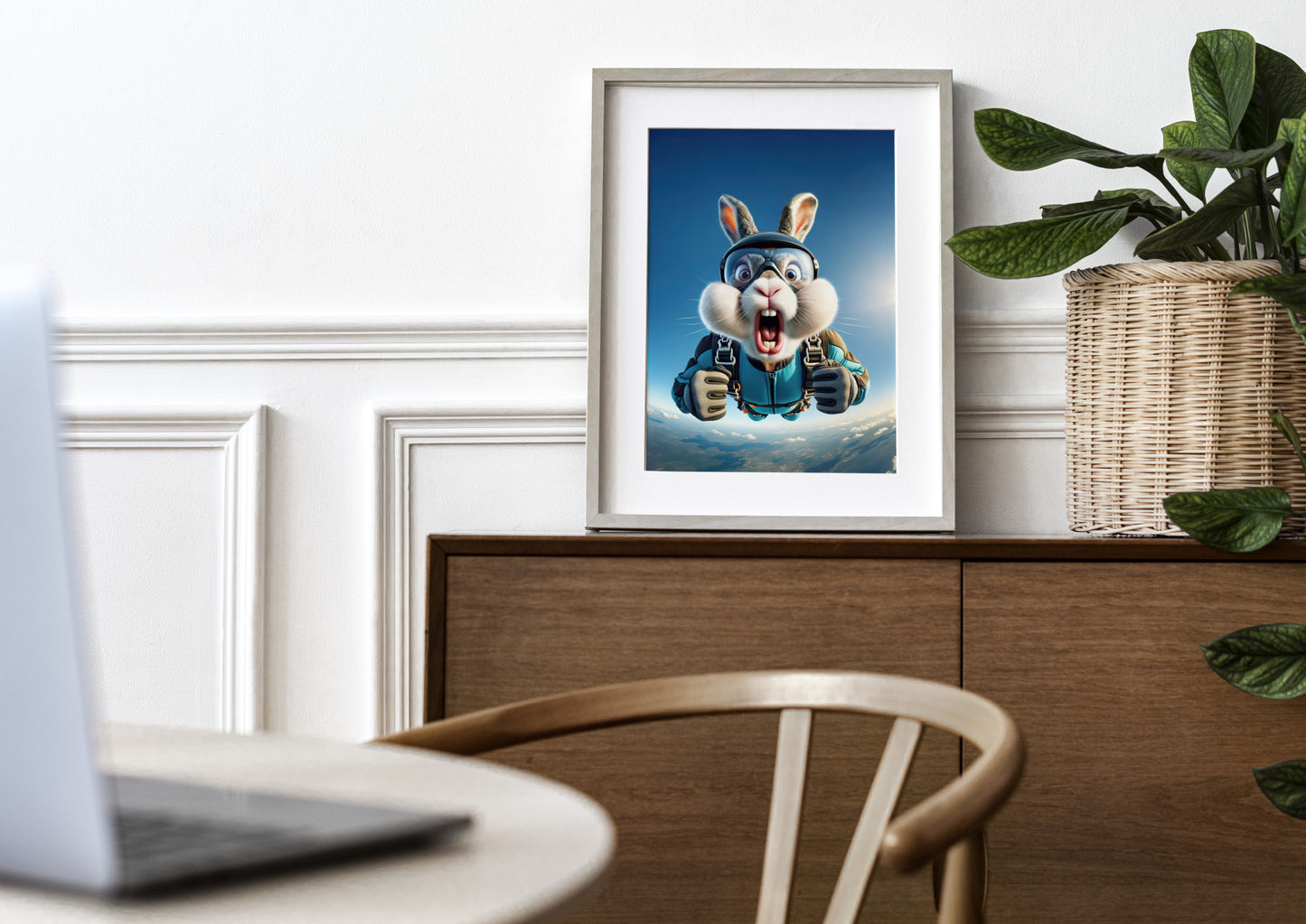 Affiche Murale Lapin en Parachute - Poster Animal Extrême - Décor Sport Aventure - Idée Cadeau Originale