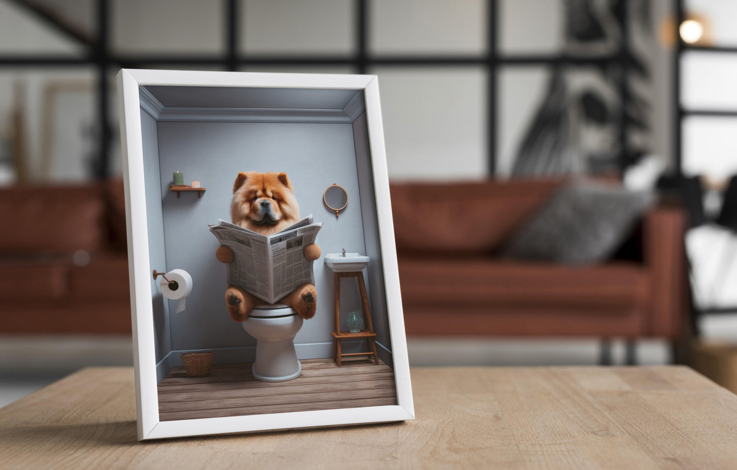 Poster Humoristique de Chow Chow lisant le journal, Déco WC Amusante, Cadre Salle de Bain, Cadeau Fun Chien