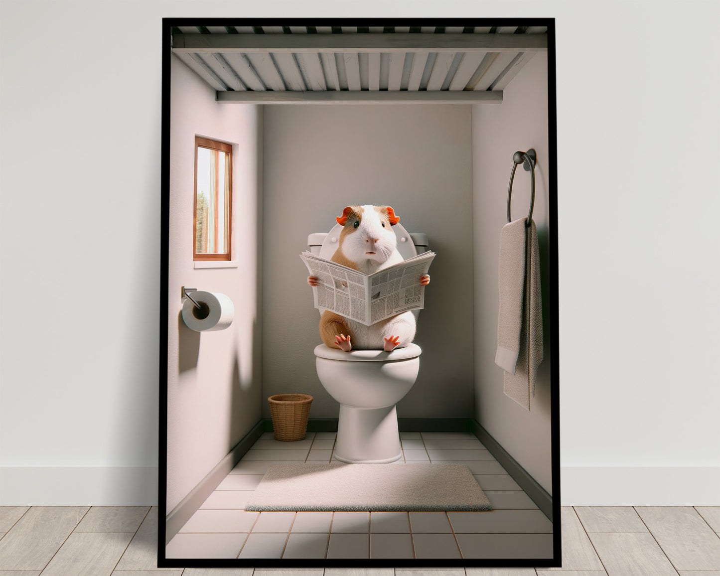 Poster Humour : Cochon d'Inde lisant le journal, Décoration Salle de Bain WC, Cadeau Drôle, Art Mural Toilettes