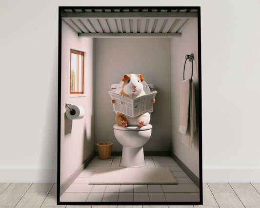 Poster Humour : Cochon d'Inde lisant le journal, Décoration Salle de Bain WC, Cadeau Drôle, Art Mural Toilettes