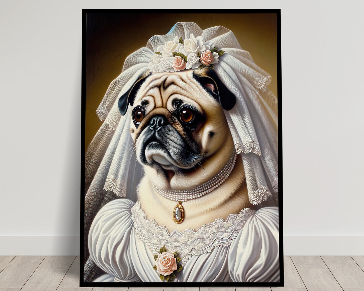 Affiche humoristique : Poster Chien Mariage, Décoration Murale Carlin en Robe de Mariée, Cadre Animaux