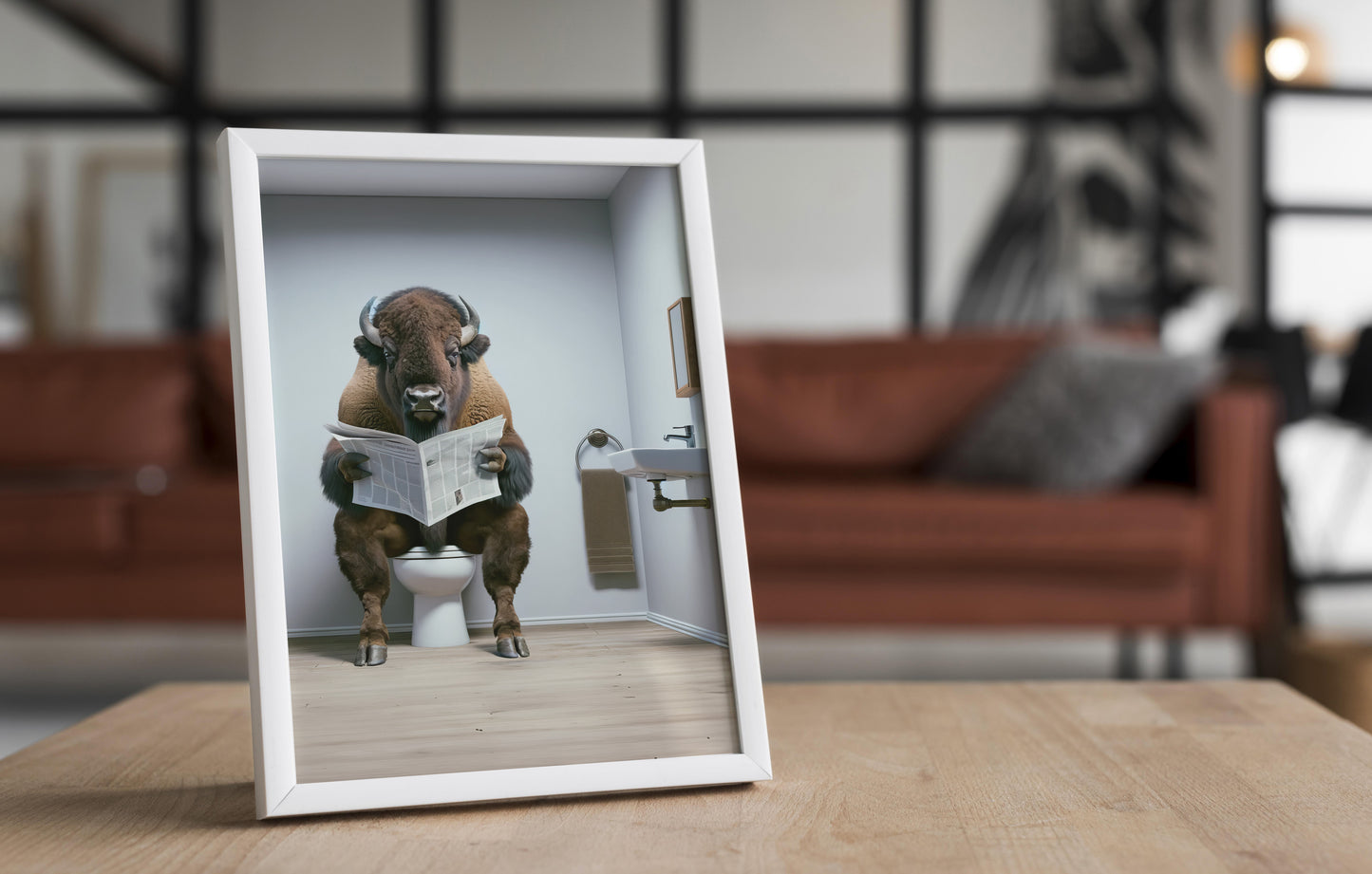 Funny Bison Reading Newspaper on Toilet Poster - Unique Bathroom Wall Art, WC Decor, Humorous Gift