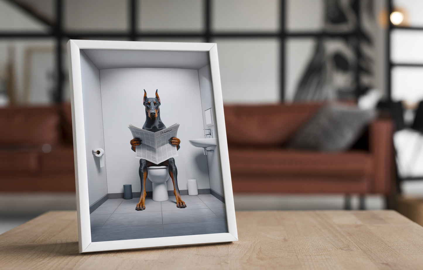 Funny Doberman Reading Newspaper Poster - Unique Bathroom Wall Art for WC - Hilarious Toilet Decor - Great Gift Idea