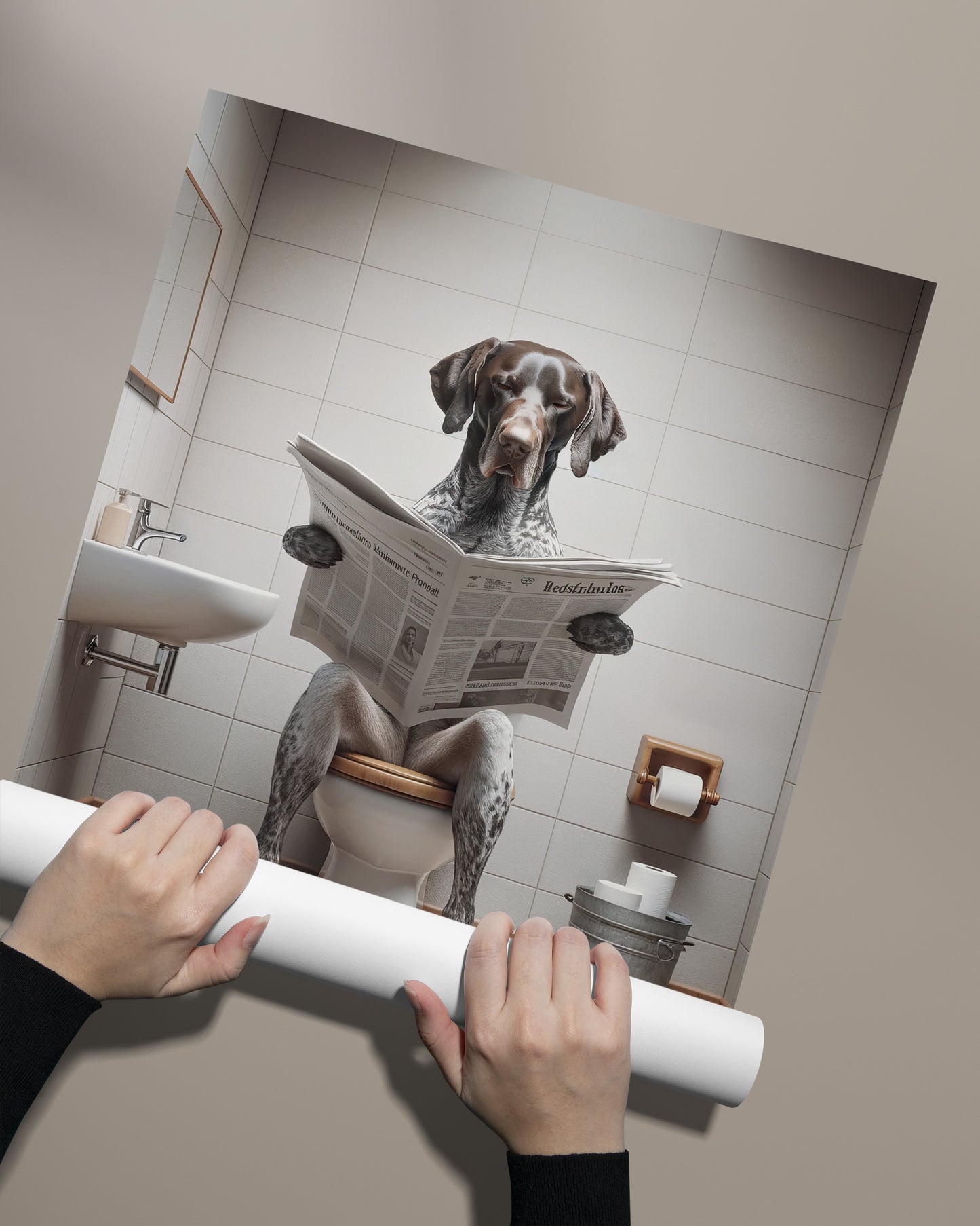 German Shorthaired Pointer Reading Newspaper Poster – Fun Bathroom Decor, WC Art, Gag Gift