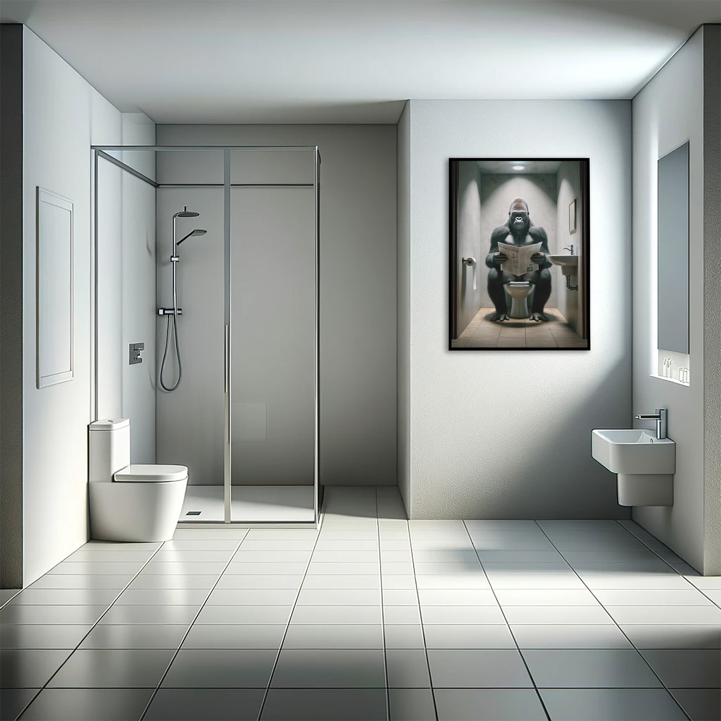 Gorilla Reading Newspaper on Toilet Poster – Funny Bathroom Wall Art, Unique WC Decor, Hilarious Gift Idea