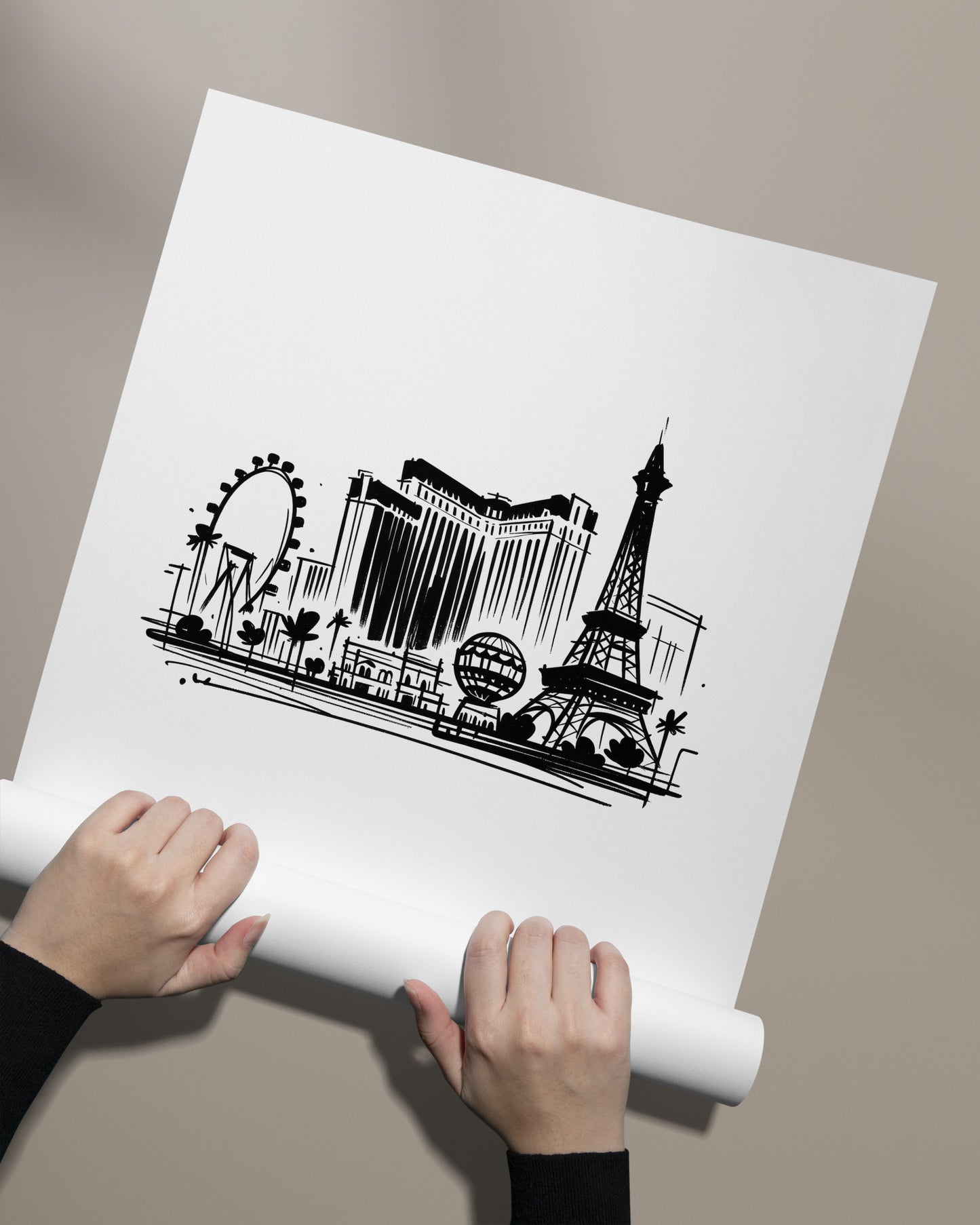 Las Vegas Poster - Black and White Sketch of Landmarks - Living Room Wall Art, Bedroom Decor, Office Poster - Unique Travel Gift Idea