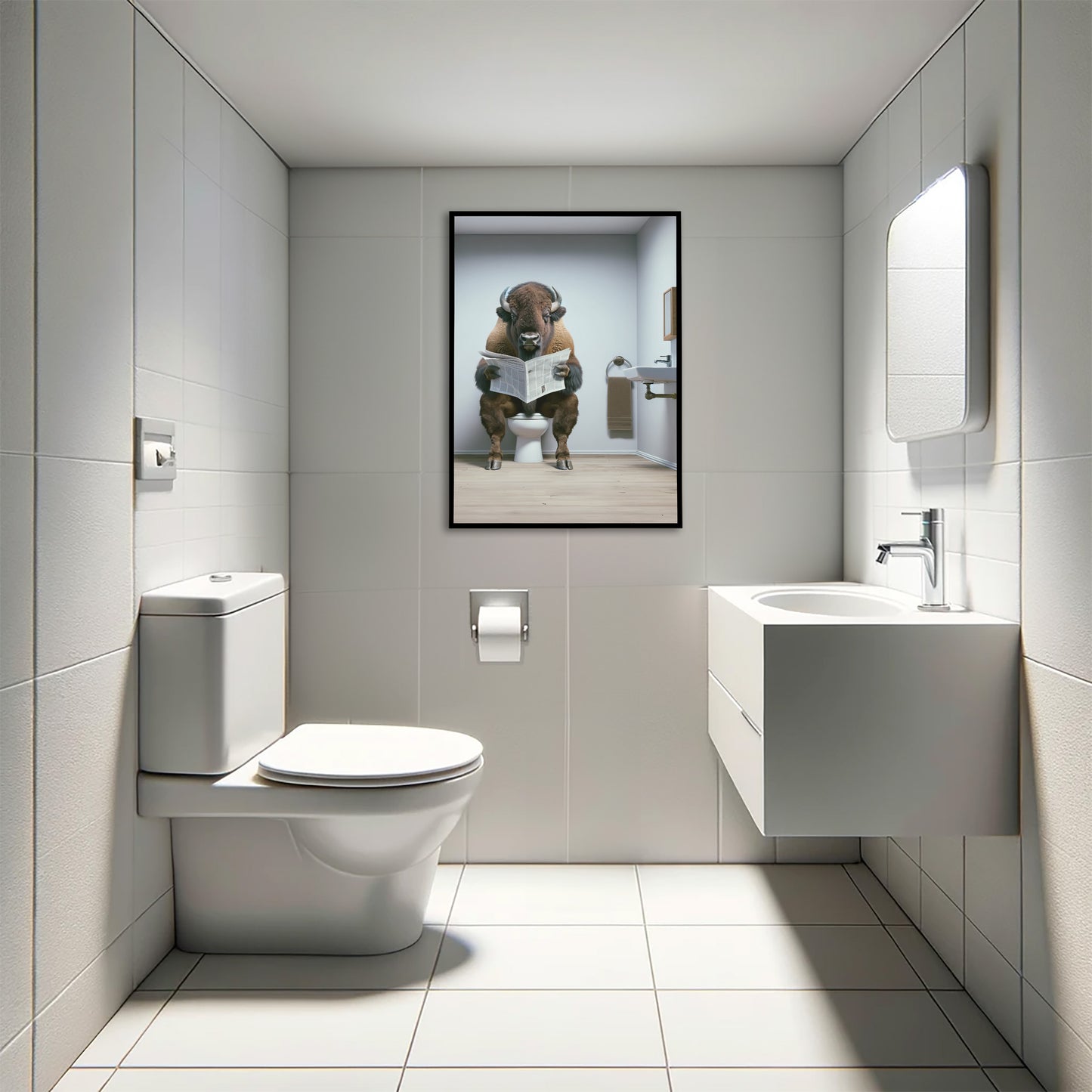 Funny Bison Reading Newspaper on Toilet Poster - Unique Bathroom Wall Art, WC Decor, Humorous Gift