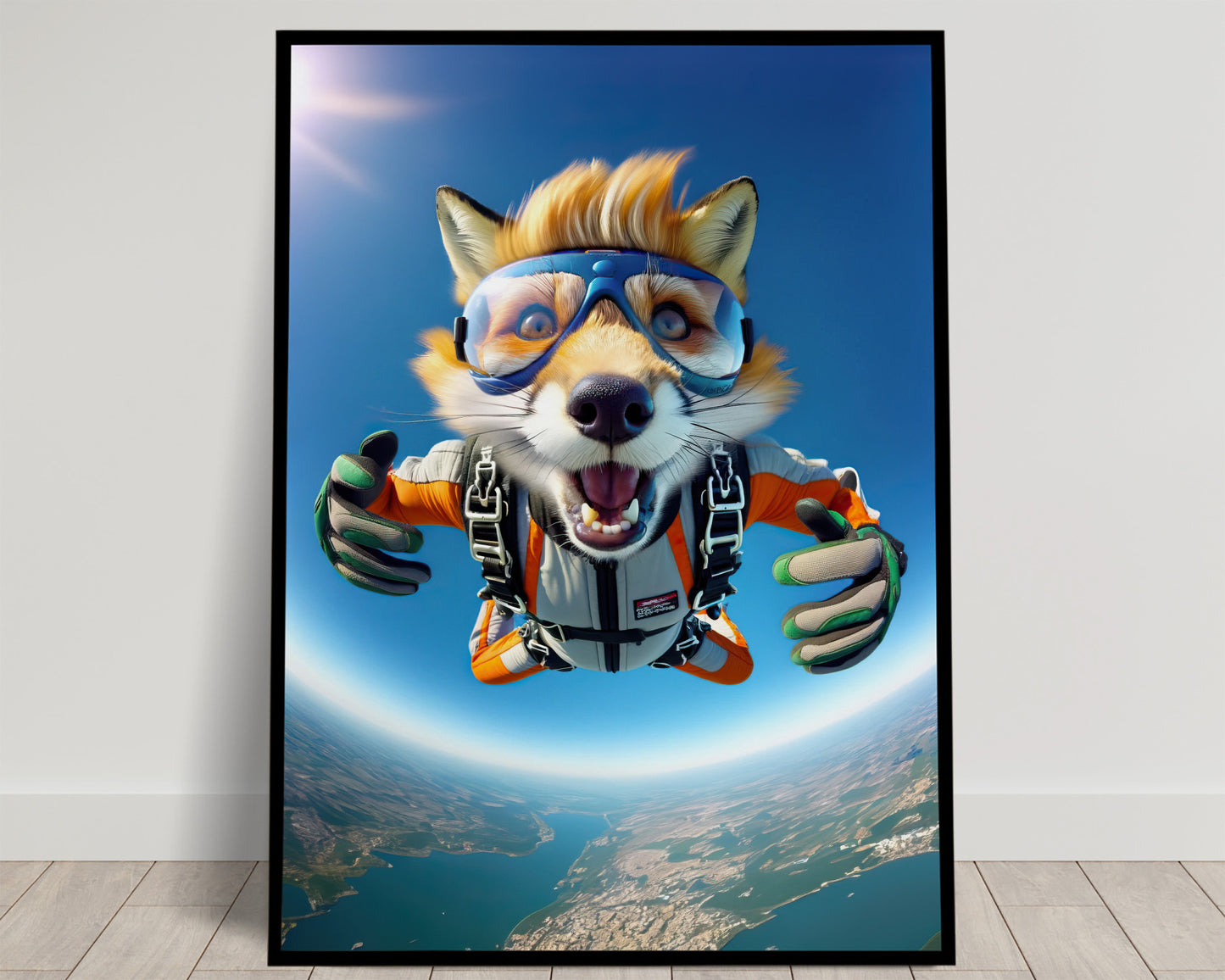 Skydiving Fox in Free Fall Poster - Epic Animal Wall Art Print for Extreme Sports Decor & Unique Animal Lover Gift