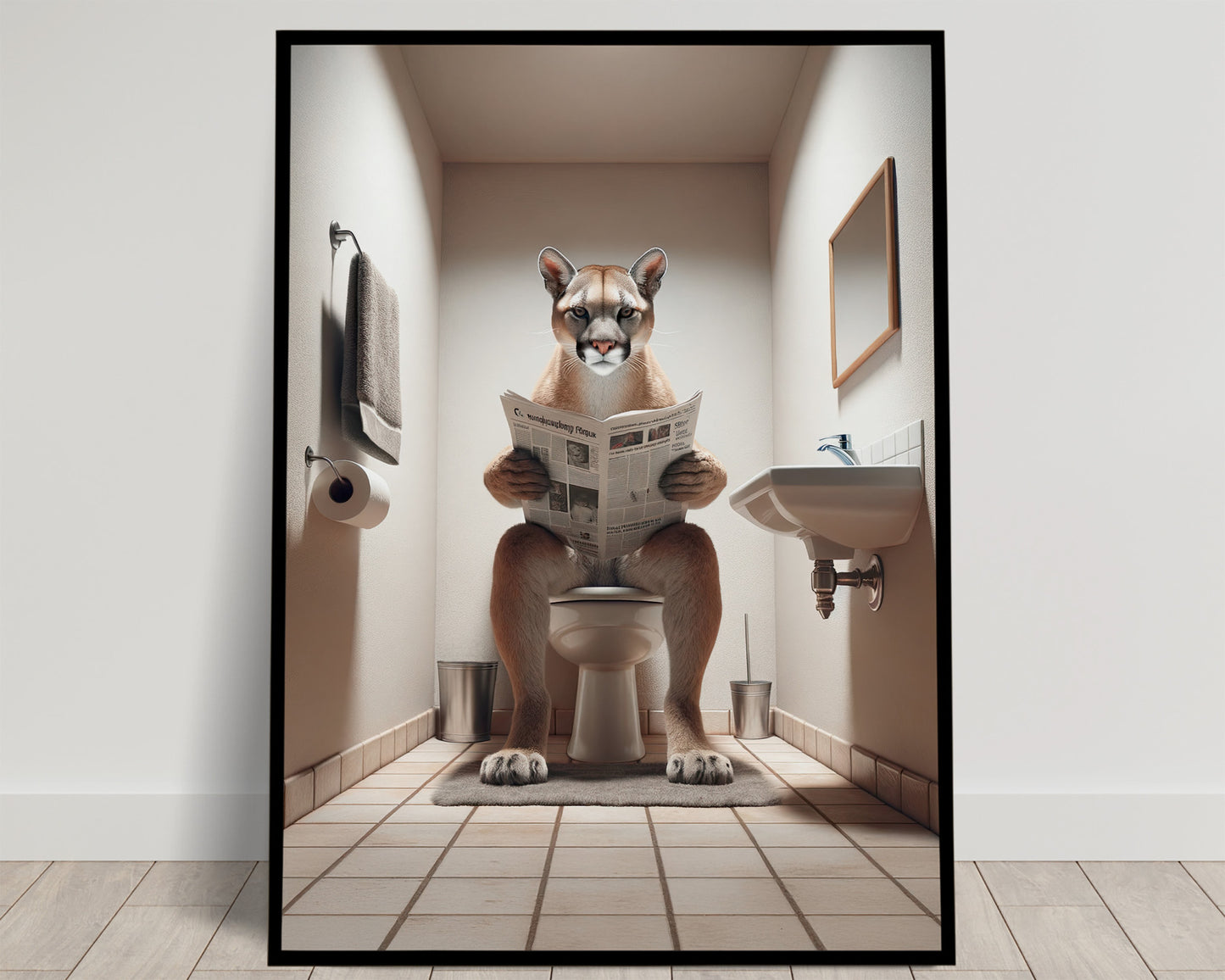 Poster Humour : Puma Lisant un Journal aux Toilettes, Décoration WC Originale, Cadre Fun Salle de Bain, Idée Cadeau Amusante