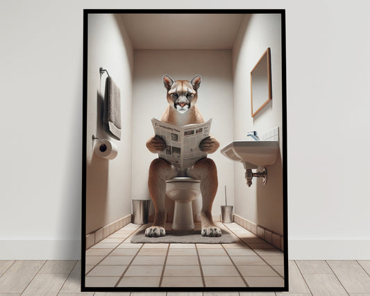 Poster Humour : Puma Lisant un Journal aux Toilettes, Décoration WC Originale, Cadre Fun Salle de Bain, Idée Cadeau Amusante