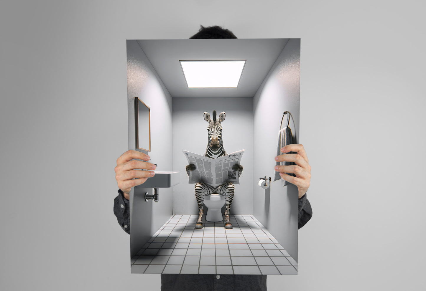 Zebra Reading Newspaper on Toilet Poster - Funny Bathroom Decor | Unique Wall Art & Gag Gift | WC Toilet Poster