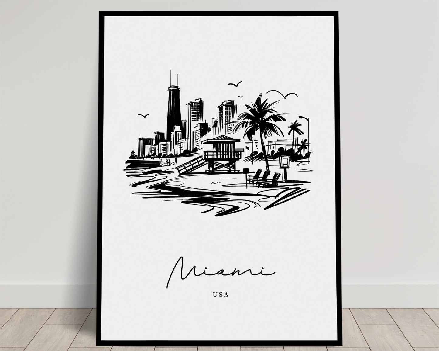 Miami Poster - Black and White Sketch of Landmarks | Living Room, Bedroom & Office Wall Art | Unique Travel Gift Decor