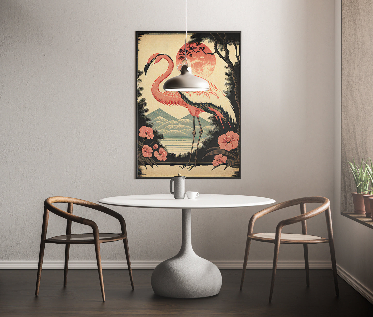 Poster Vintage Flamant Rose - Art Japonais Style Ukiyo-e, Impression Murale, Décoration Affiche Murale