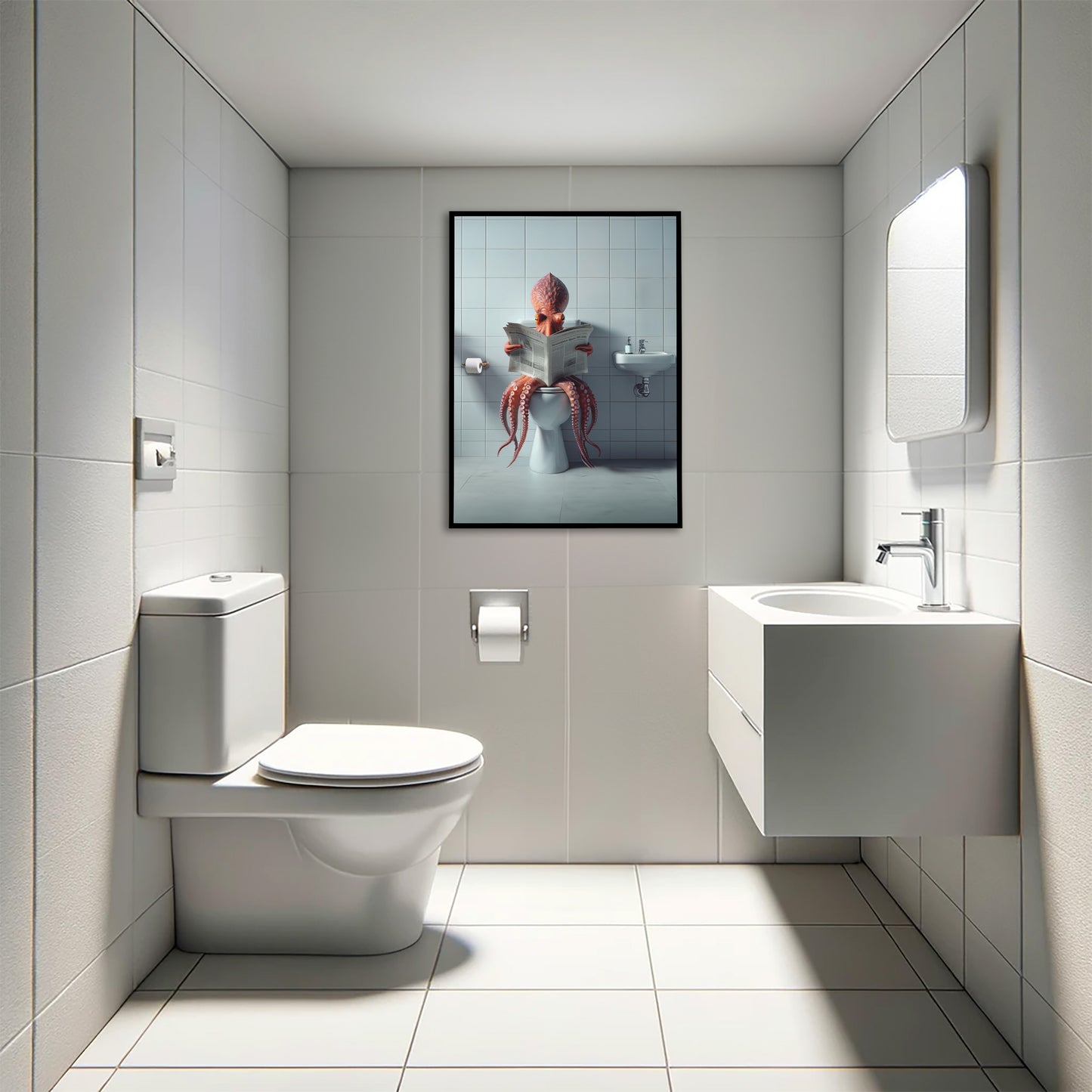 Funny Bathroom Wall Art – Octopus Reading Newspaper Toilet Poster | Unique WC Decoration & Humorous Gift