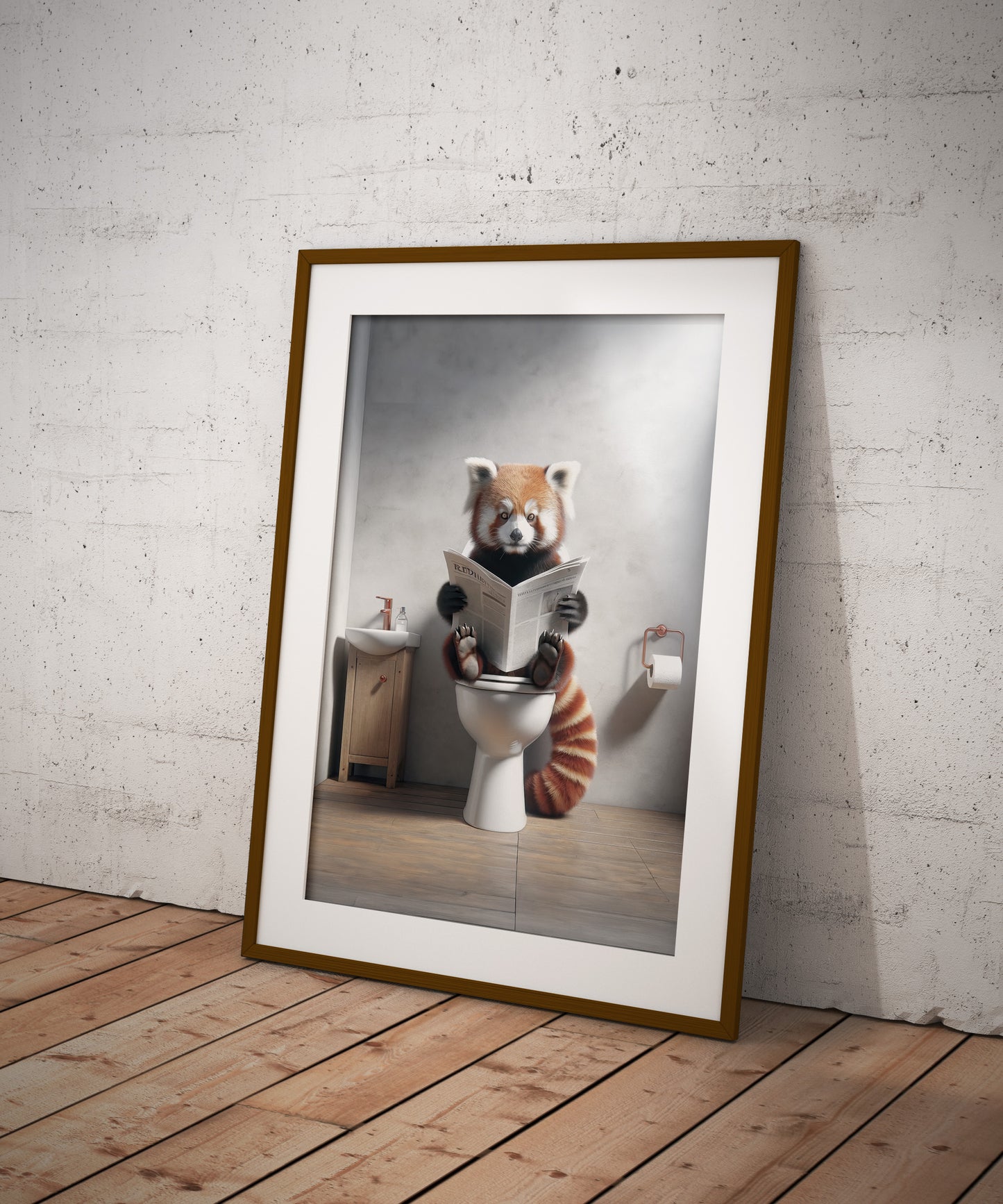 Red Panda Reading Newspaper - Funny Bathroom Wall Art Poster | Unique WC Toilet Decor | Perfect Funny Gift