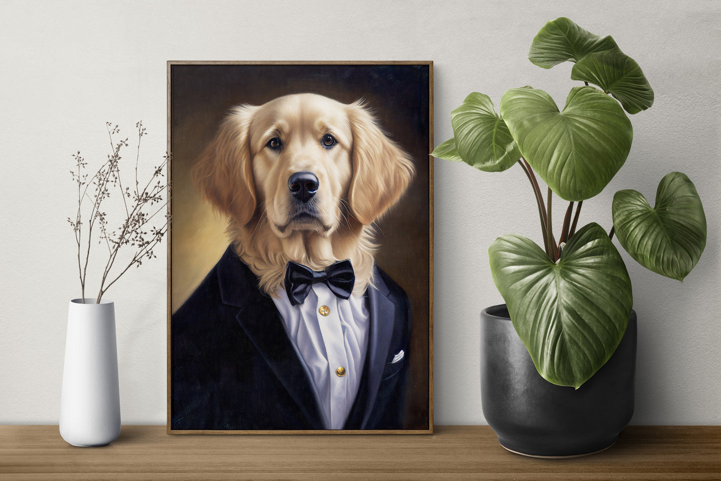 Affiche portrait Golden Retriever en smoking | Poster décoration murale animaux | Art mural élégant