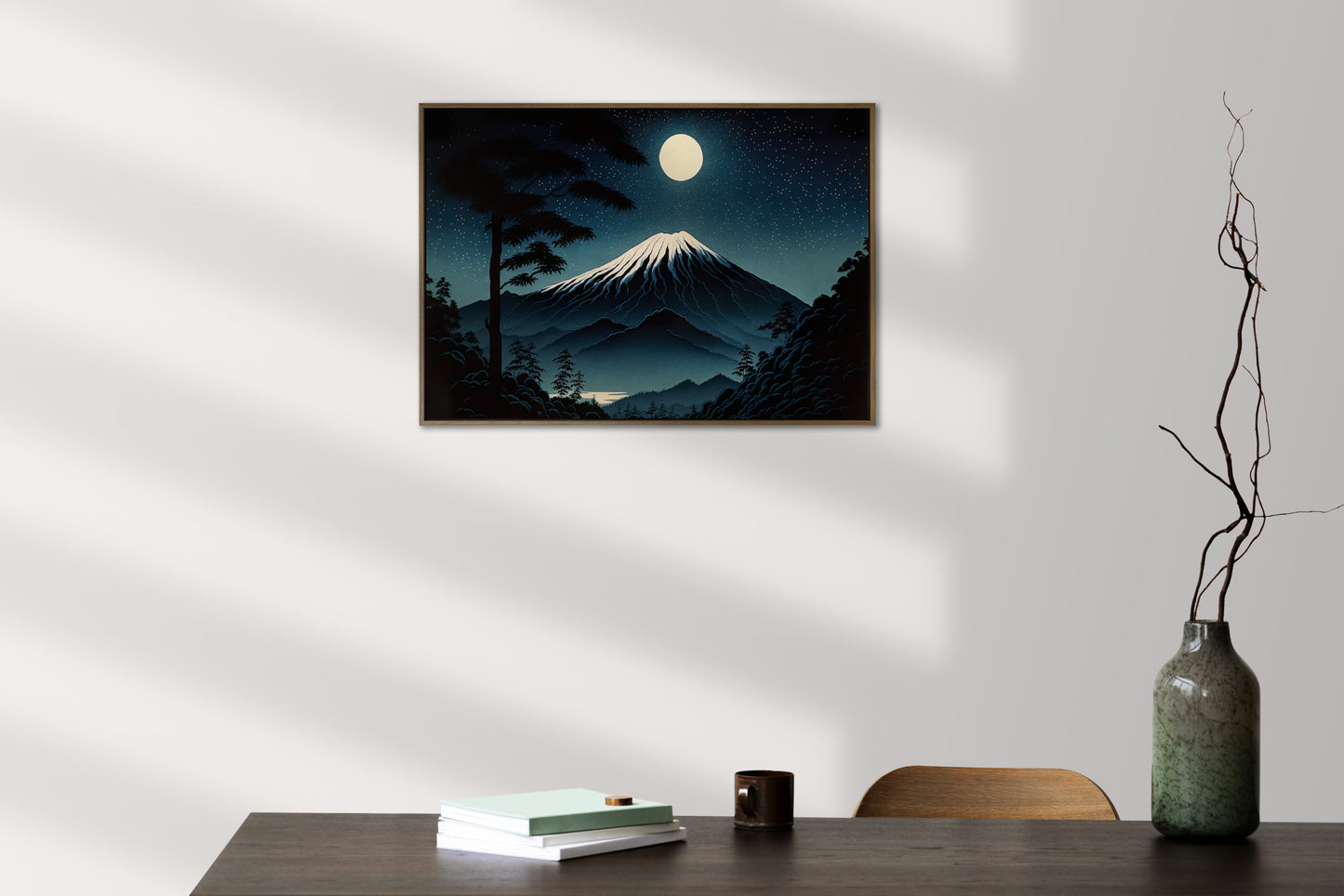 Poster Mont Fuji sous la Pleine Lune - Art Japonais, Décoration Murale Paysage Fujisan, Affiche à Encadrer