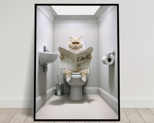 Affiche murale humour Chat Persan crème aux toilettes, Décoration WC et Salle de bain, Cadeau fun pour amoureux des chats