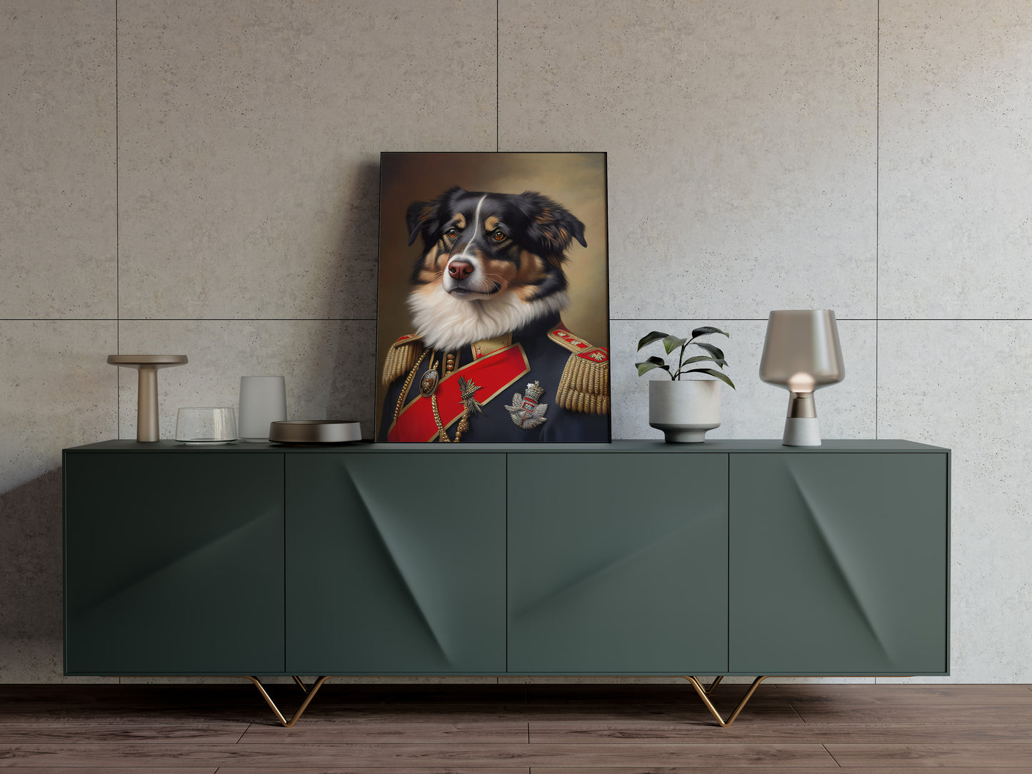 Australian Shepherd in Military Uniform Poster, Dog Wall Art, Animal Wall Decoration, Unique Dog Poster for Home Decor