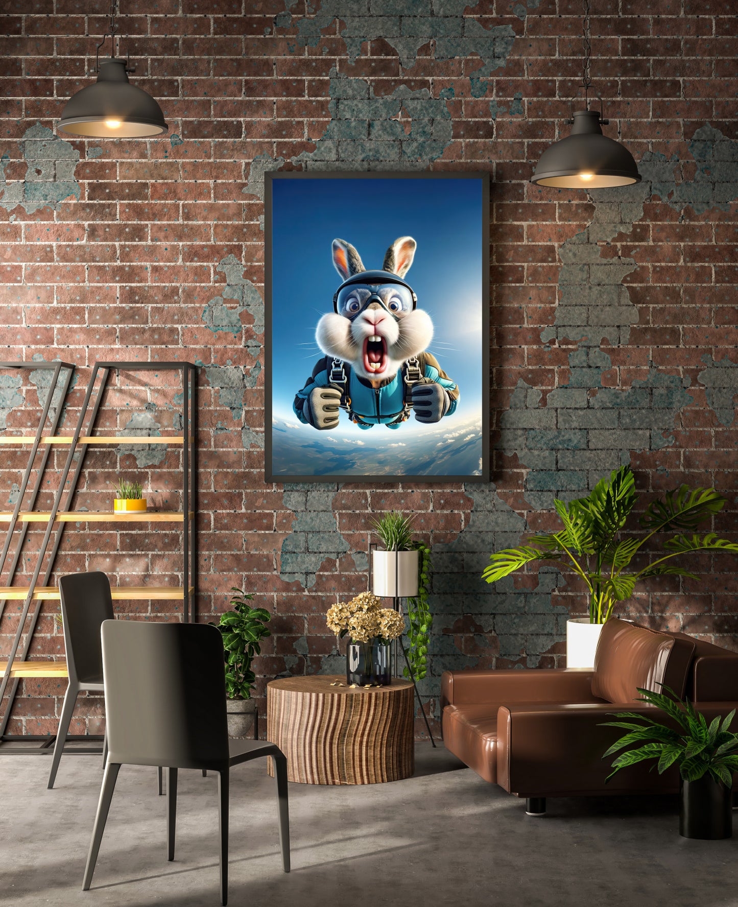 Affiche Murale Lapin en Parachute - Poster Animal Extrême - Décor Sport Aventure - Idée Cadeau Originale