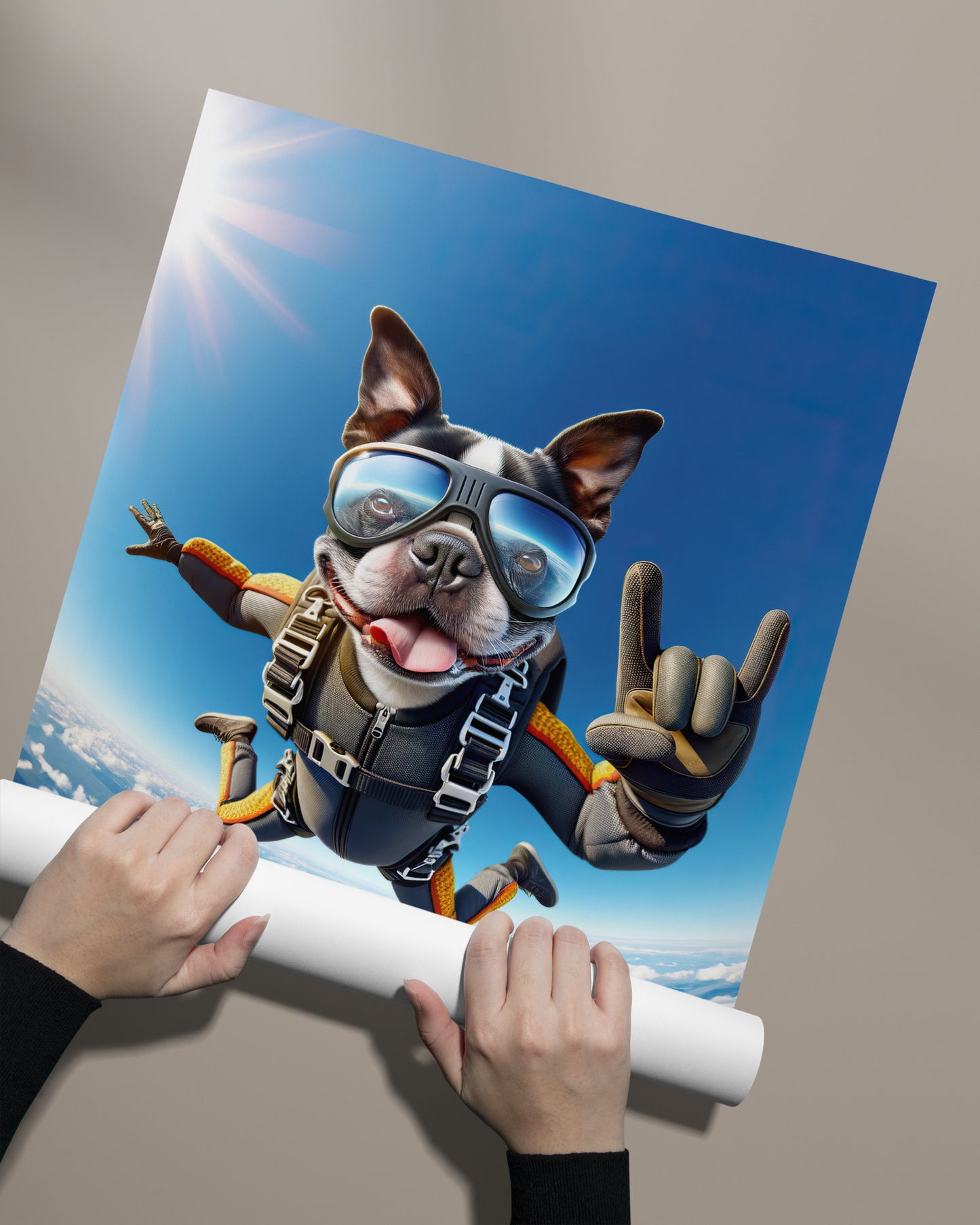 "Epic Skydiving Boston Terrier Poster - Unique Animal Print Wall Art for Dog Lovers - Extreme Sport Decor"