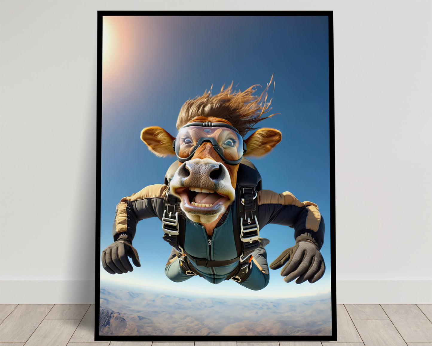 Epic Skydiving Cow Poster - Animal Print, Extreme Sport Wall Art, Unique Decor for Animal Lovers