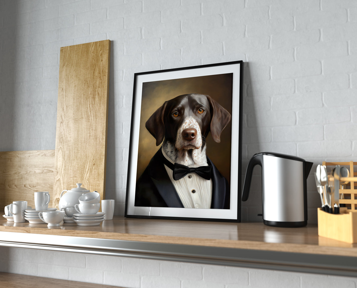 Chic Dog Poster - Short-haired Pointer in Tuxedo Portrait | Humorous Wall Art Print