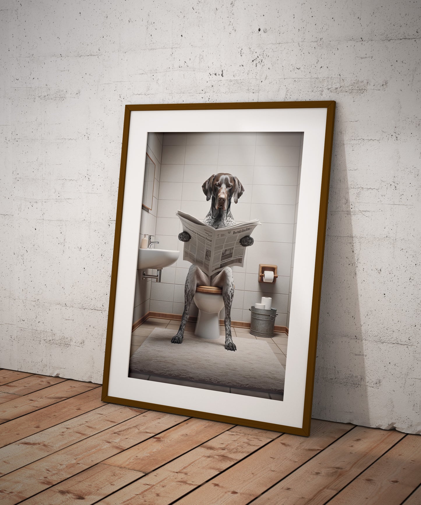 German Shorthaired Pointer Reading Newspaper Poster – Fun Bathroom Decor, WC Art, Gag Gift