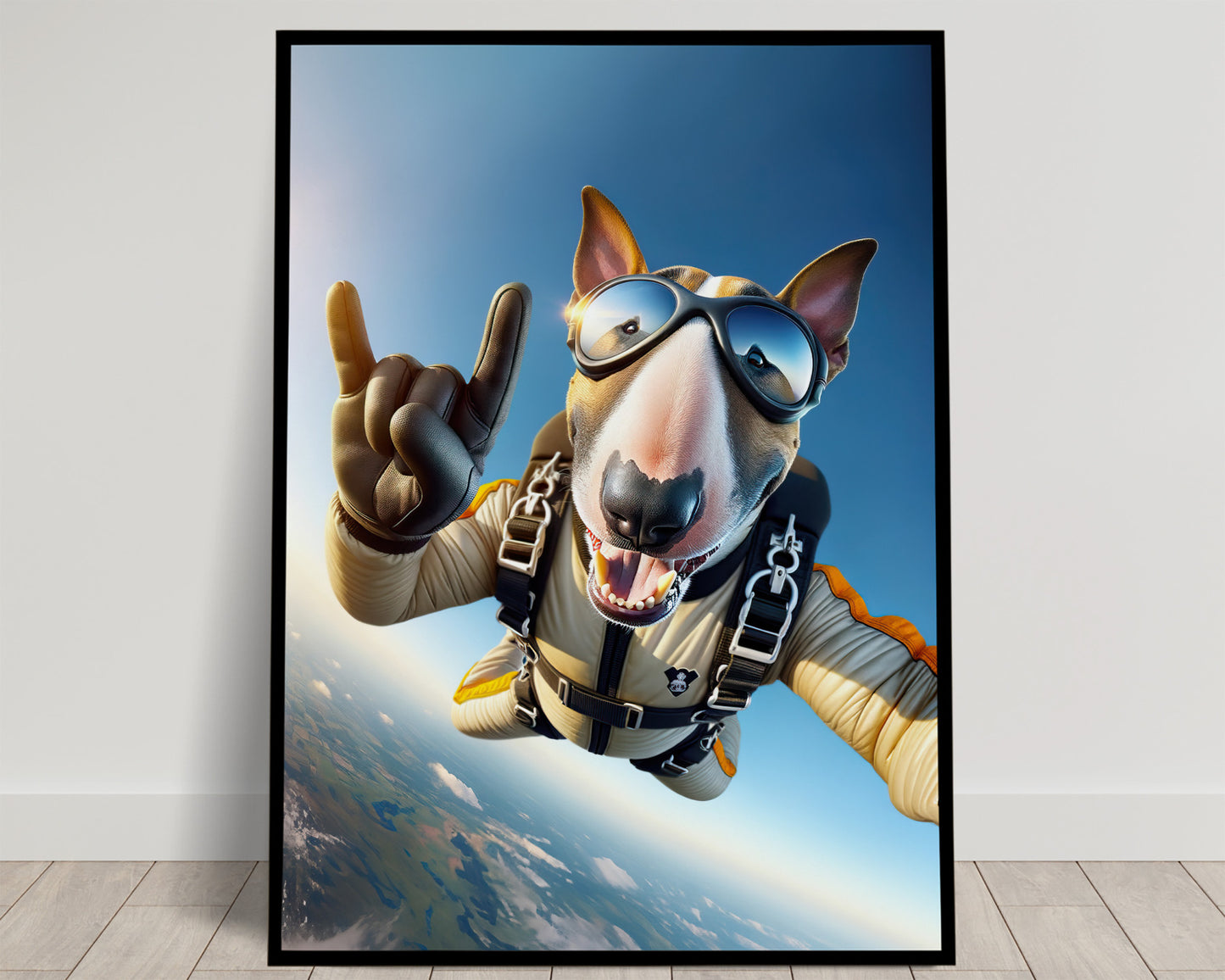 Epic Free Fall Bull Terrier Poster - Unique Skydiving Animal Print Wall Art for Extreme Sports Lovers Decor