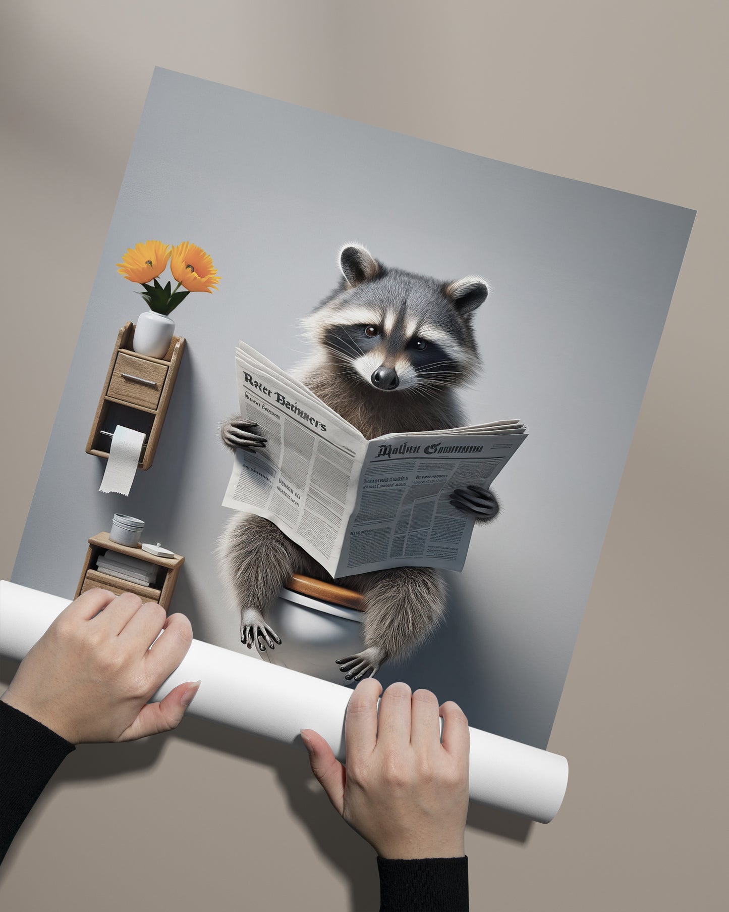 Raccoon Reading Newspaper Poster - Funny Bathroom Wall Art Decor - Unique WC Toilet Poster Gift