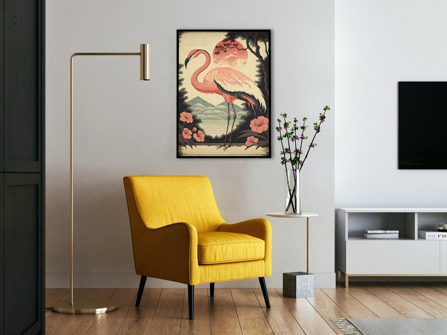 Poster Vintage Flamant Rose - Art Japonais Style Ukiyo-e, Impression Murale, Décoration Affiche Murale