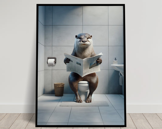 Poster Loutre Lisant Journal aux Toilettes - Décoration Humoristique WC - Cadre Déco Salle de Bain - Cadeau Amusant