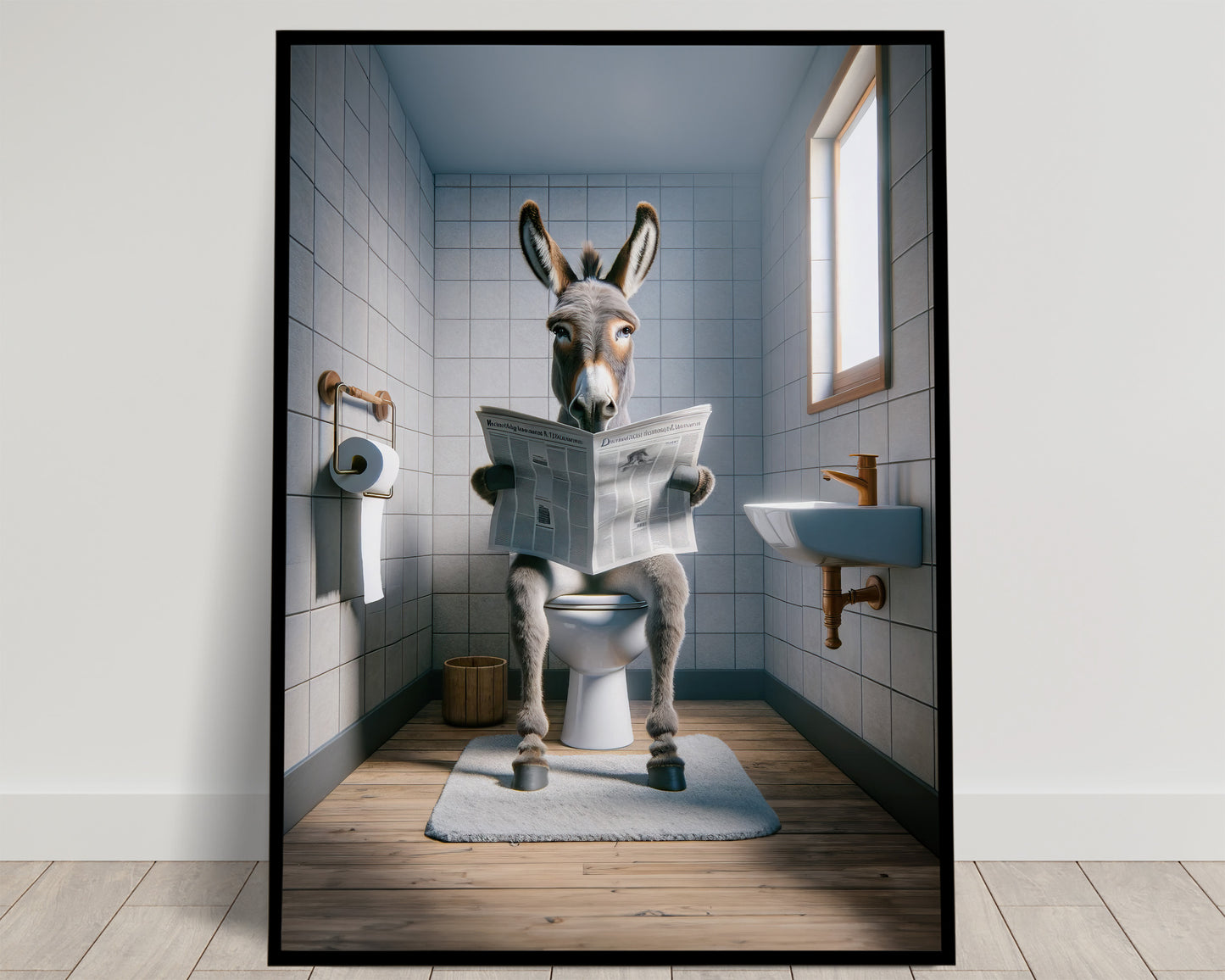 Funny Donkey Reading Newspaper Poster - Unique Bathroom Decor, WC Wall Art, Perfect Funny Gift