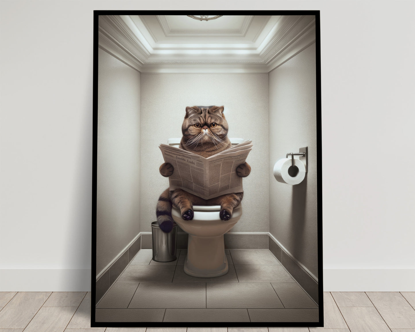 Affiche Murale Chat Exotic Shorthair Tigré Marron Lisant, Décoration Humoureuse Toilette, Poster WC Salle de Bain, Cadeau Chat