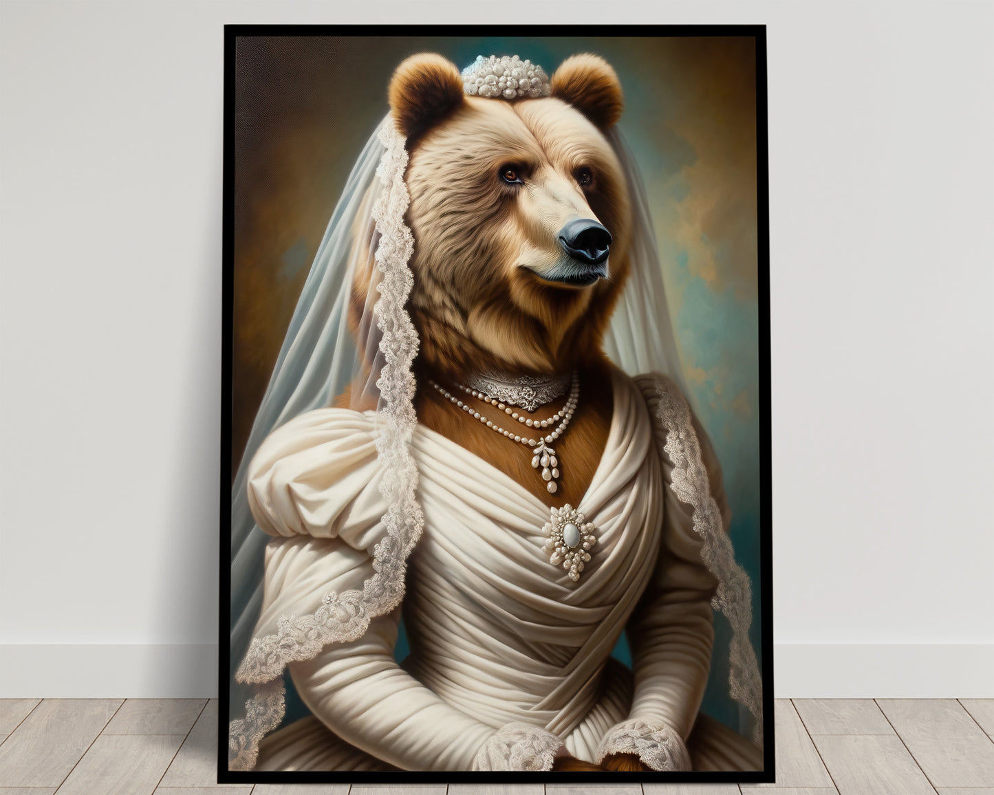 Brown Bear in Wedding Dress Poster – Funny Animal Wall Art, Unique Gift, Bride Decor, Cute Bear Artwork