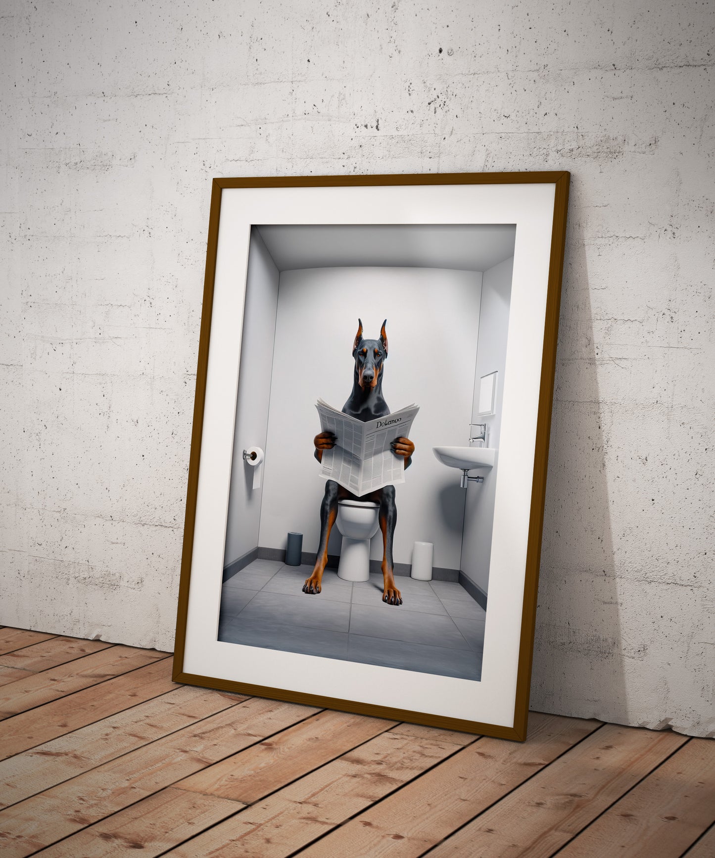 Poster Doberman lisant le journal sur les toilettes, Décoration Humoristique WC, Cadre déco Salle de bain, Poster Cadeau Fun