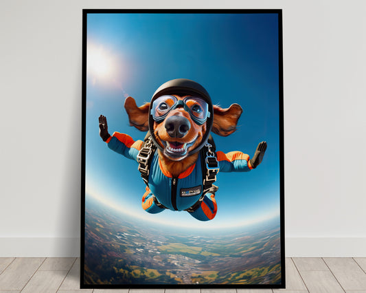 Affiche Murale Teckel en Parachute - Poster Chien Skydiving - Décor Sport Extrême - Idée Cadeau Unique