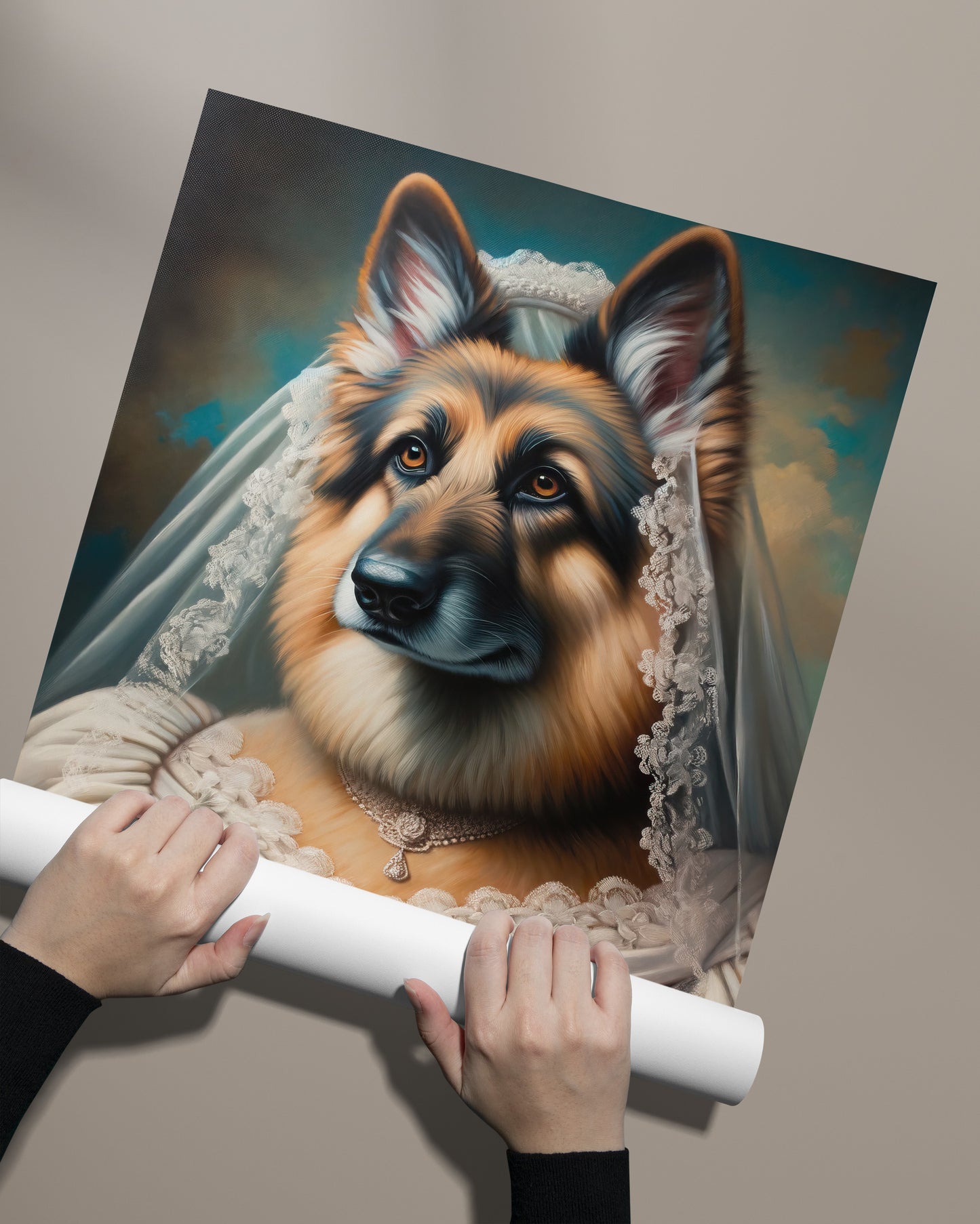 German Shepherd Wearing Wedding Dress Poster – Unique Animal Wall Art, Bride Decor, Perfect Gift for Dog Lovers