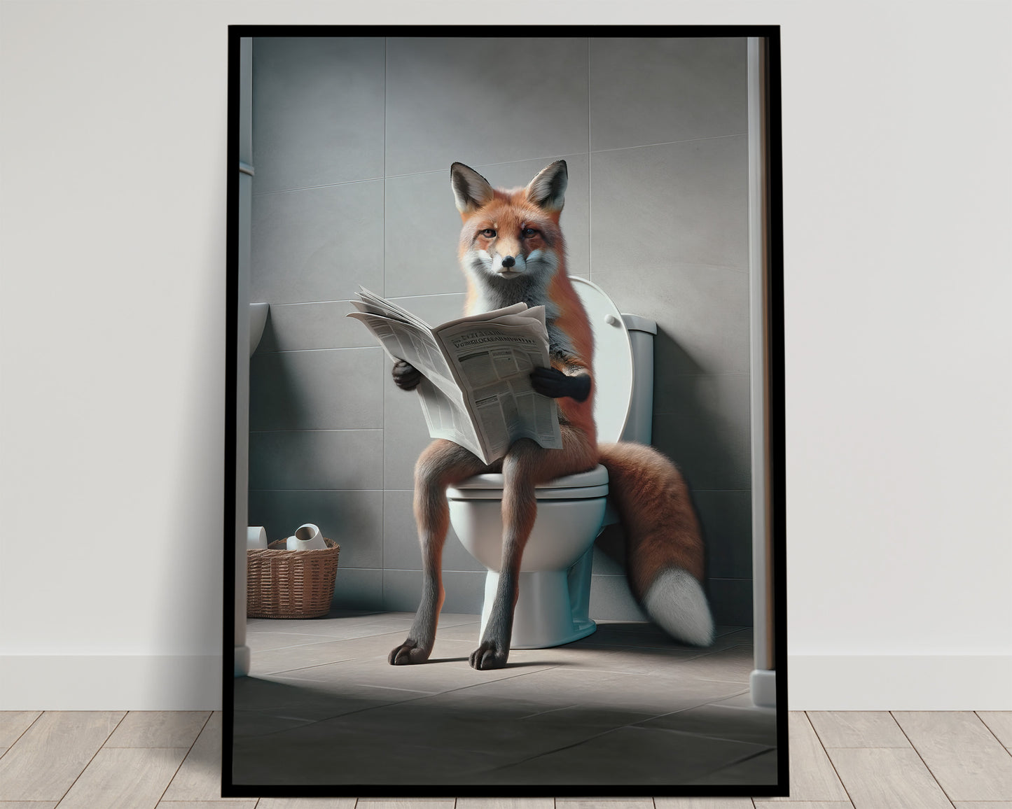 Funny Fox on Toilet Reading Newspaper Poster - Unique Bathroom Wall Art, Humorous WC Decor, Gag Gift